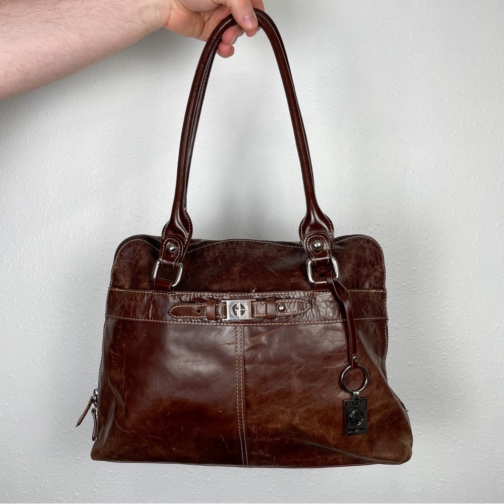 Giana Bernini large leather tote/satchel purse dark brown color | luxury, vintag